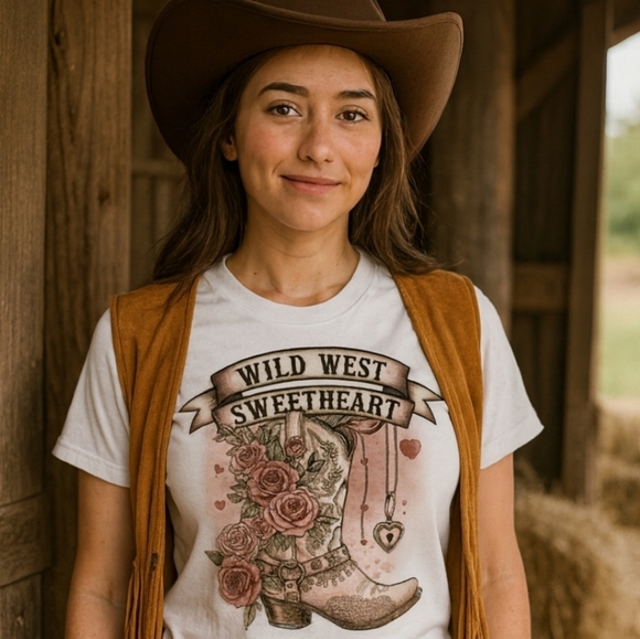 Wild West Sweetheart Graphic Tee – Western Cowgirl Boot Shirt with Roses & Heart - Picture 12 of 16